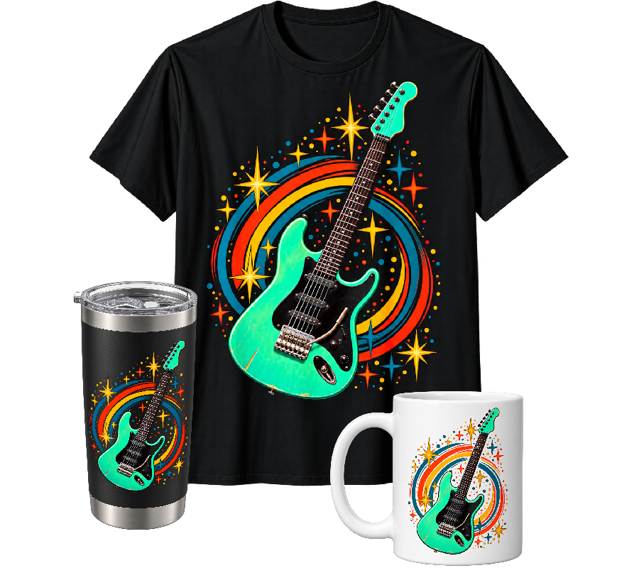 Cosmic Guitar collection: T-shirt, travel tumbler and mug