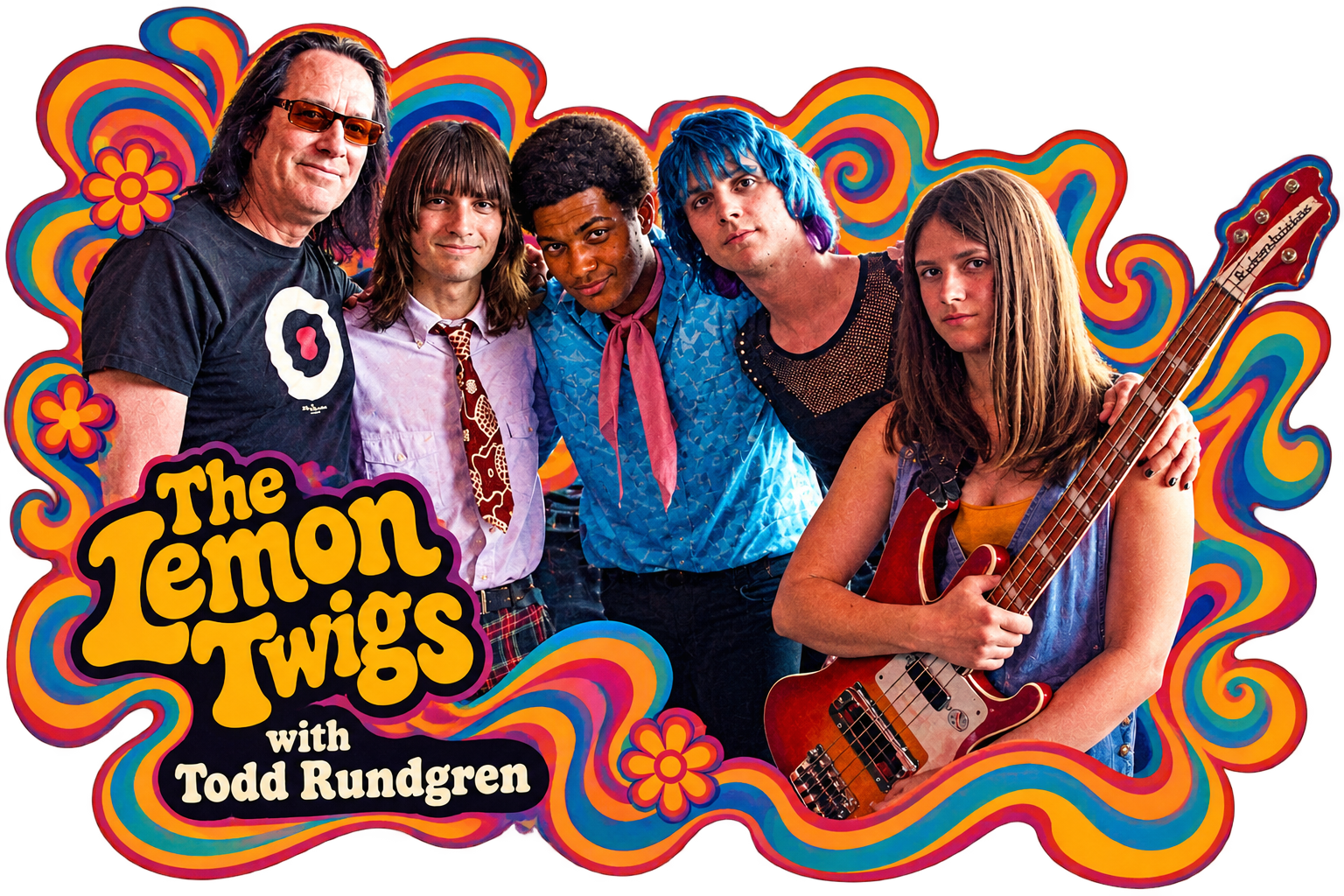 The Lemon Twigs with Todd Rundgren in a psychedelic 1970s-style design