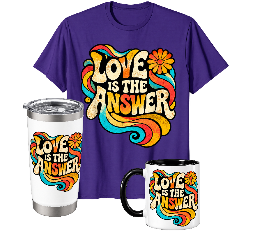 Love Is the Answer Vintage collection: purple T-shirt, white tumbler and white mug