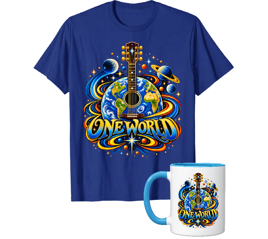 One World royal blue T-shirt and blue-handled mug