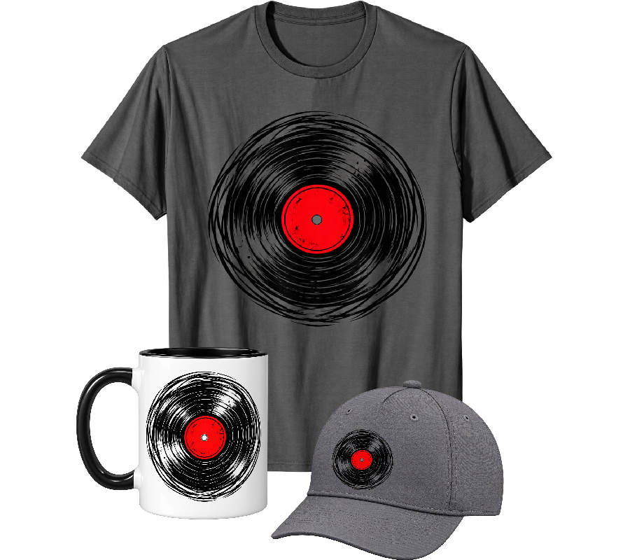 Vinyl Scribble collection: asphalt gray T-shirt, slate gray hat and white mug with black interior and handle